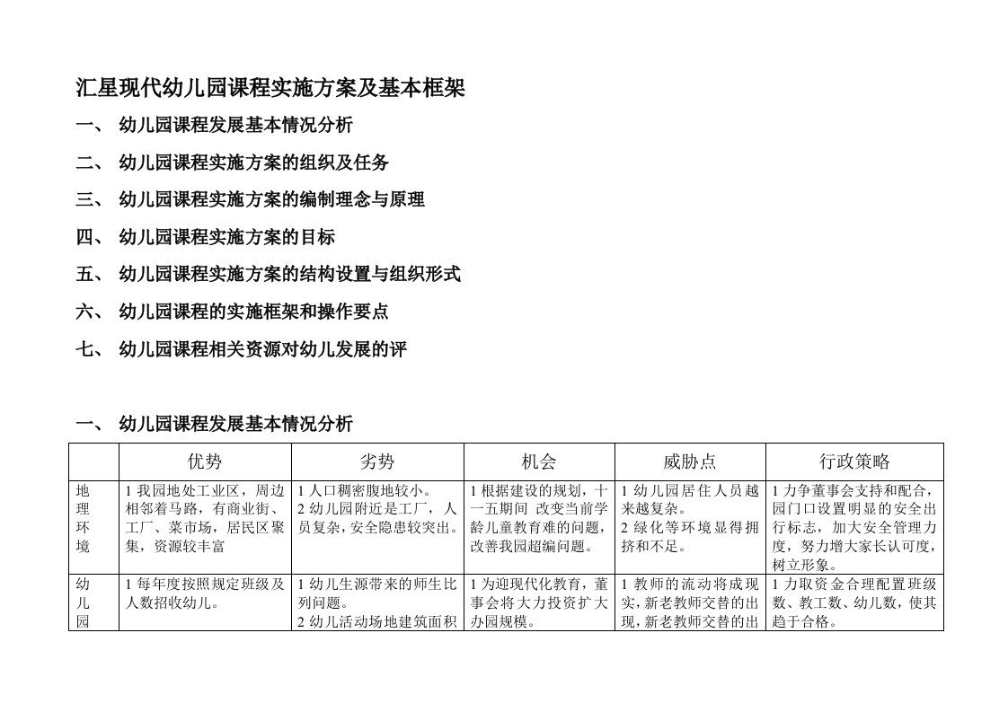 汇星现代幼儿园课程实施方案及基本框架