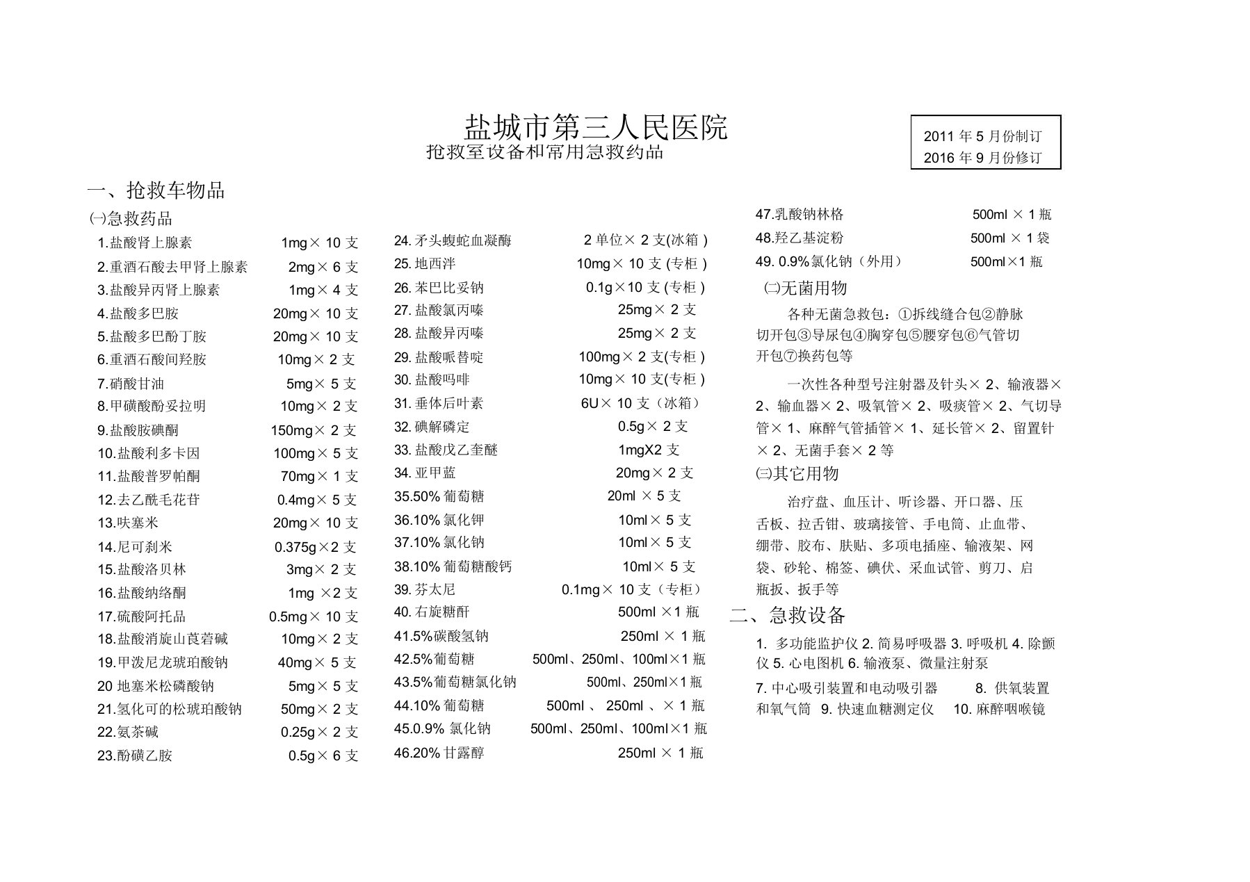 (16病区)抢救室设备和常用急救药品