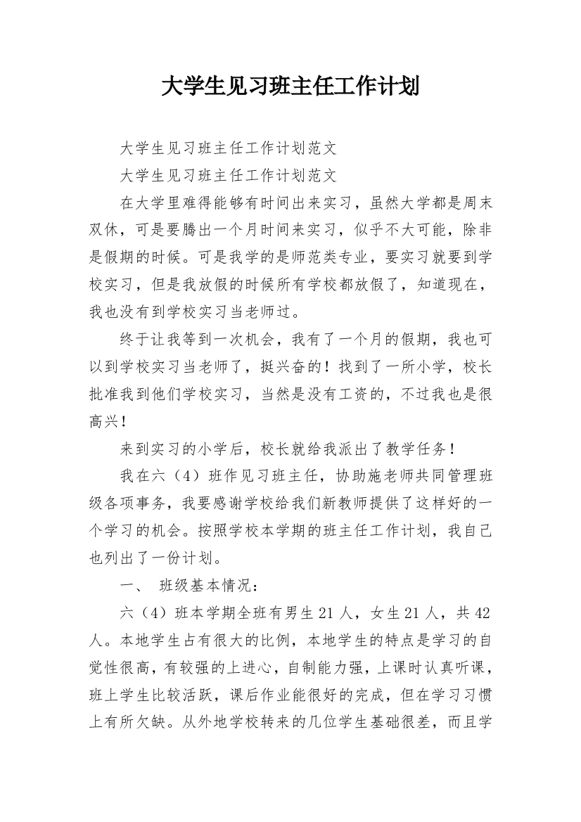 大学生见习班主任工作计划