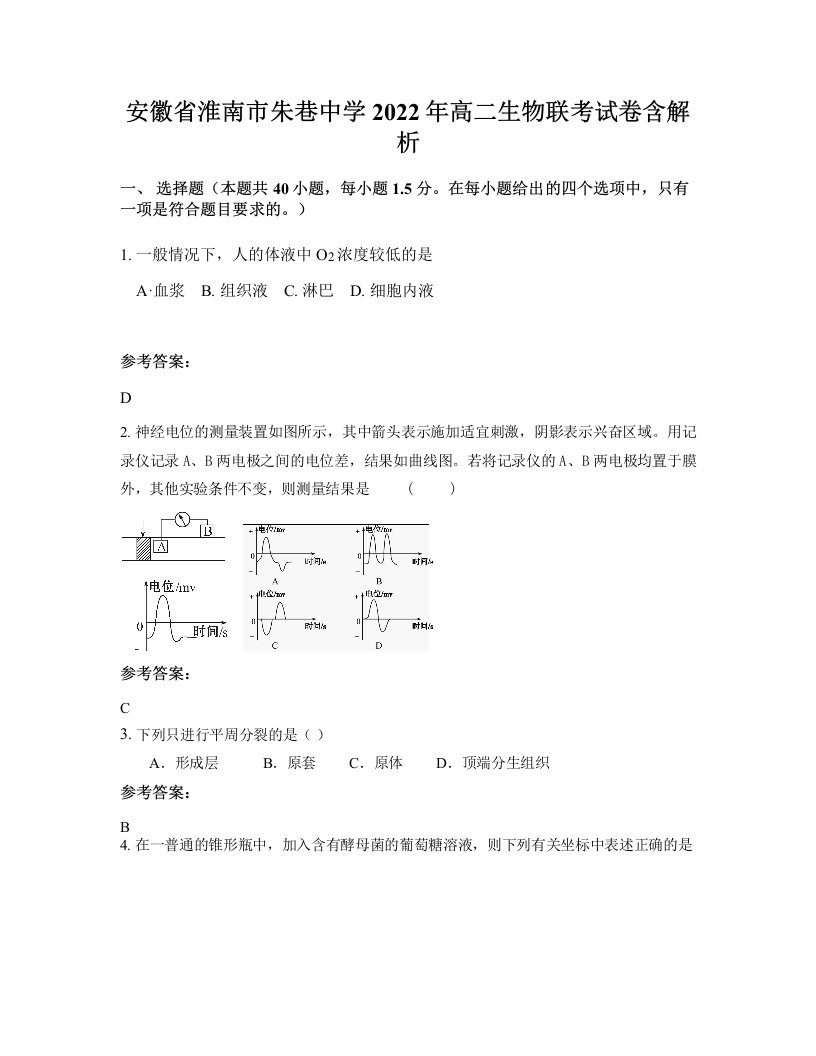 安徽省淮南市朱巷中学2022年高二生物联考试卷含解析