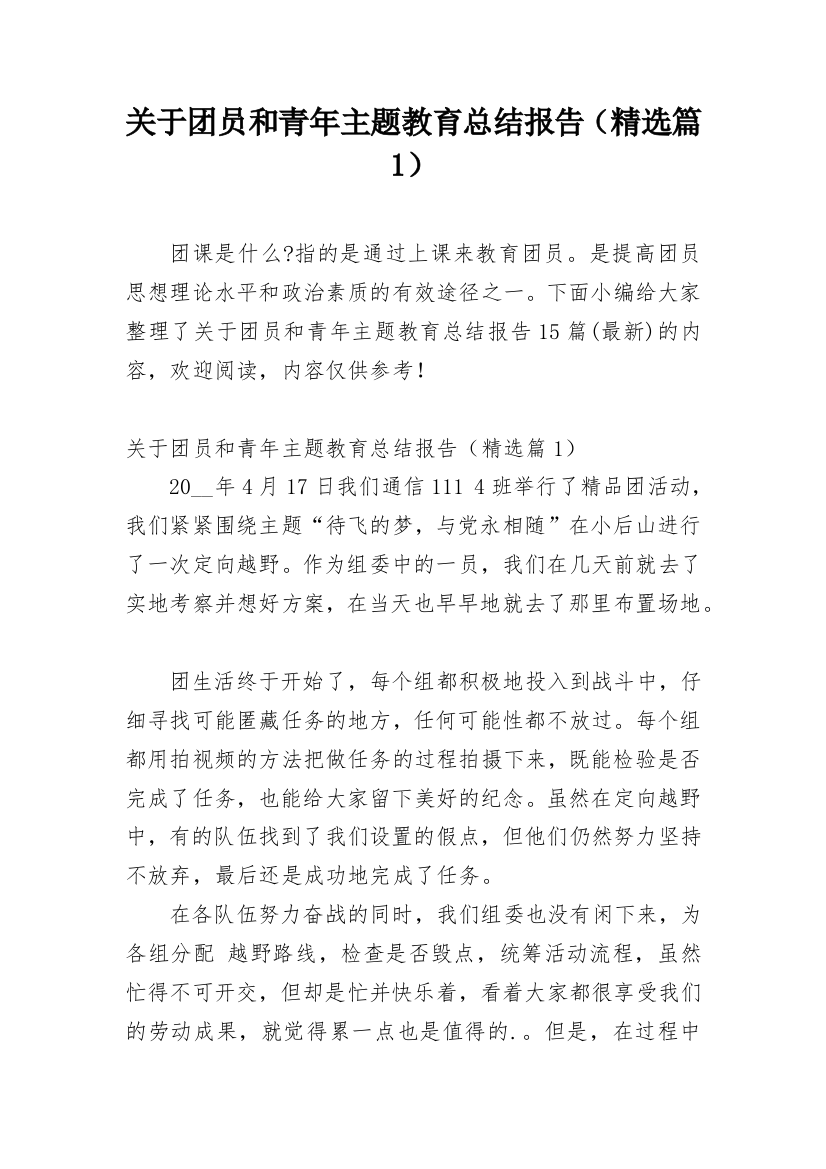 关于团员和青年主题教育总结报告（精选篇1）