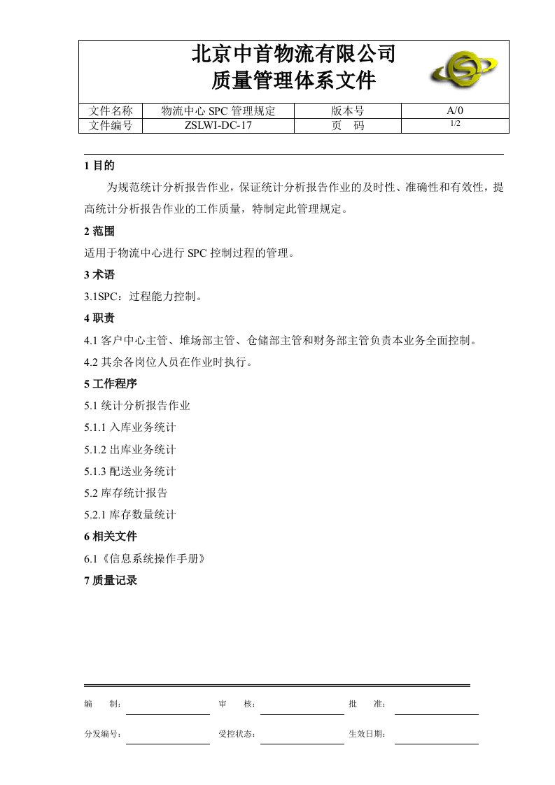 中首物流ZSLWI-DC-10物流中心SPC管理规定-物流运作