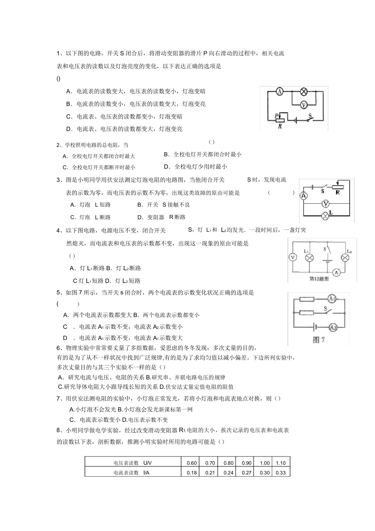 初中九年级物理综合练习题