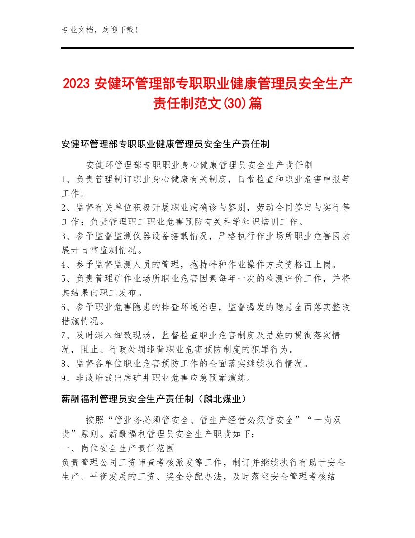 2023安健环管理部专职职业健康管理员安全生产责任制范文(30)篇