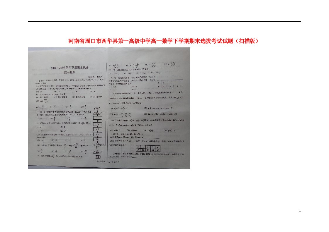 河南省周口市西华县第一高级中学高一数学下学期期末选拔考试试题（扫描版）