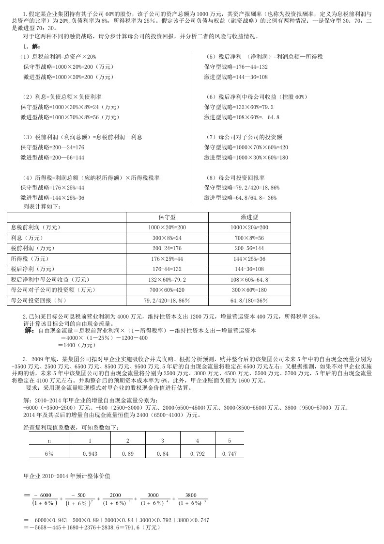 电大企业集团财务管理计算题汇总