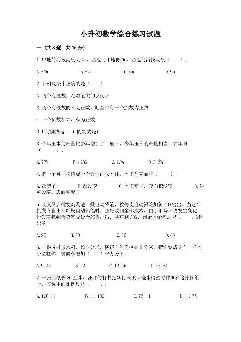 小升初数学综合练习试题精品（全优）