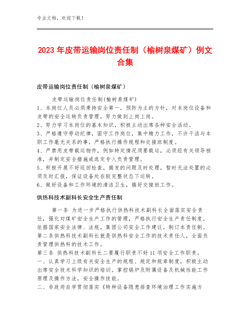 2023年皮带运输岗位责任制（榆树泉煤矿）例文合集