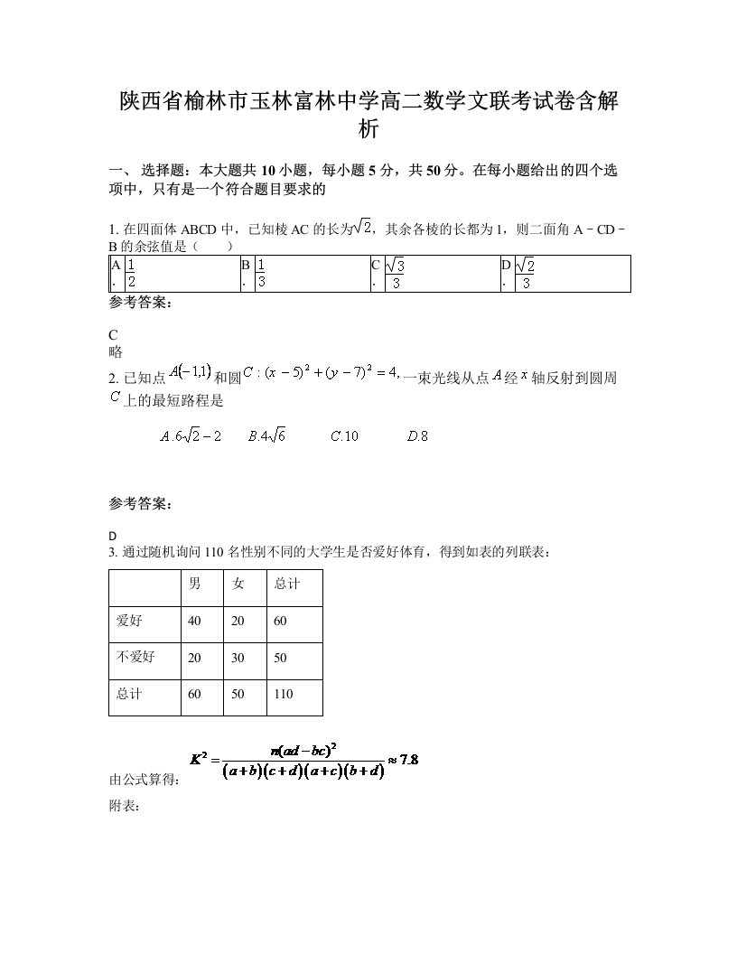 陕西省榆林市玉林富林中学高二数学文联考试卷含解析