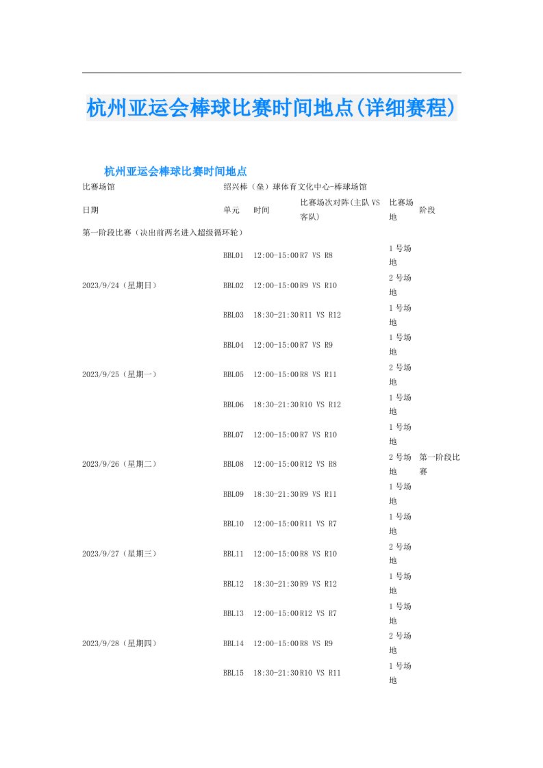 杭州亚运会棒球比赛时间地点(详细赛程)