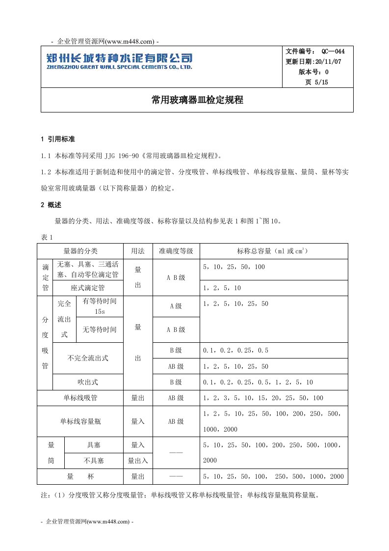 《郑州长城特种水泥公司常用玻璃器皿检验规程》(10页)-质量检验