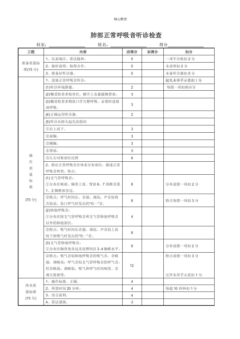 肺部听诊操作规范与评分标准