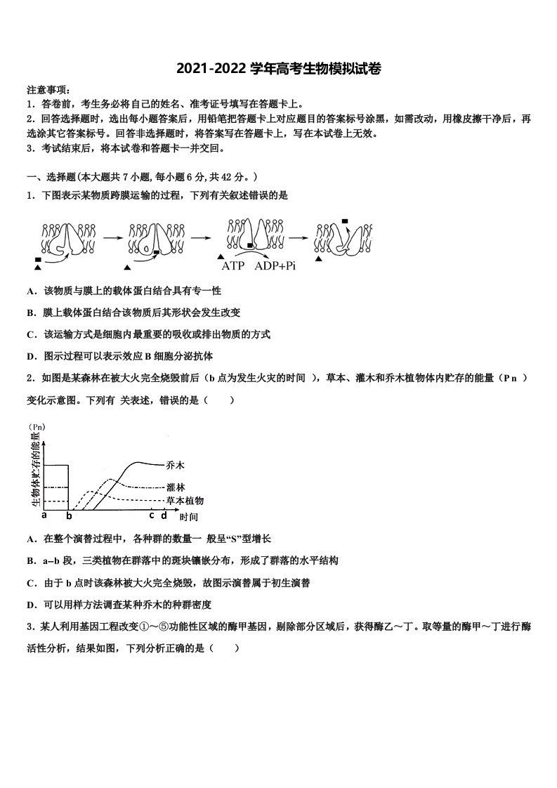 福建厦门大同中学2021-2022学年高三第一次模拟考试生物试卷含解析