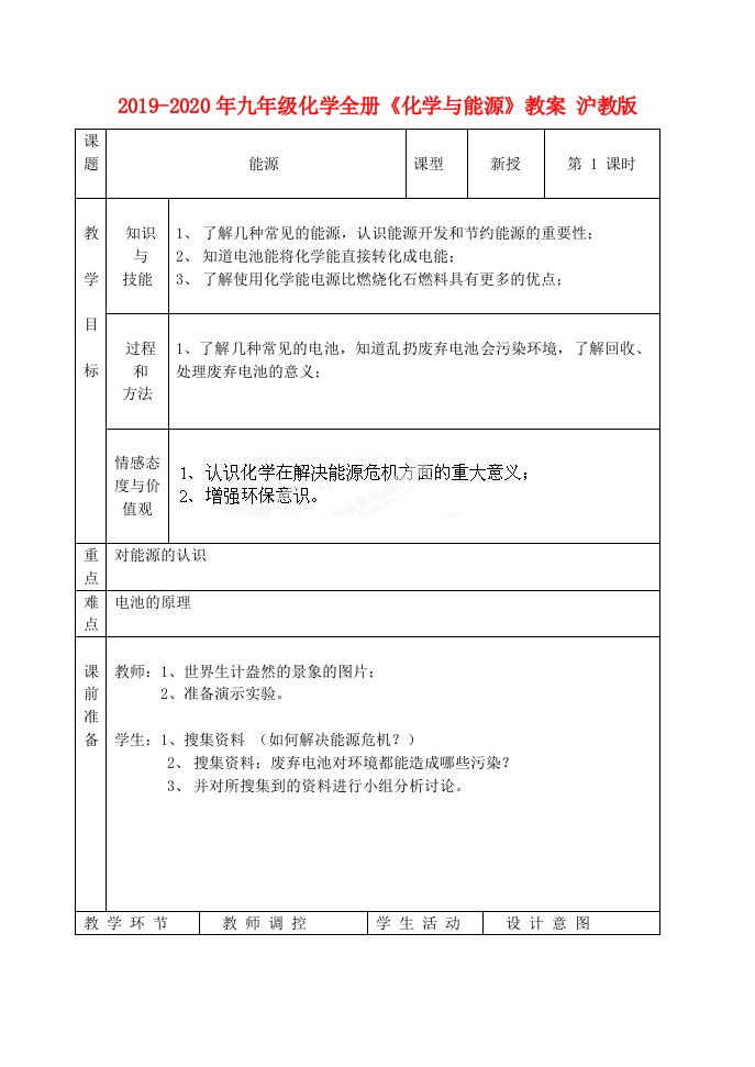 2019-2020年九年级化学全册《化学与能源》教案