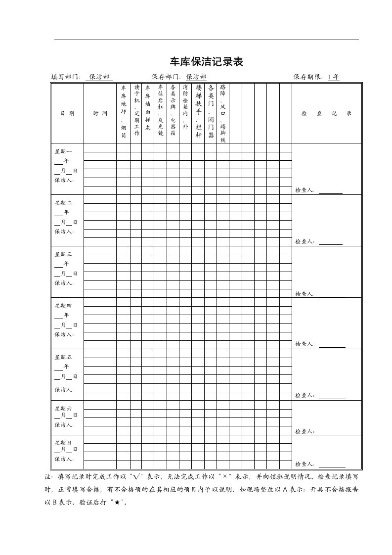 绿化保洁表格-车库保洁记录表