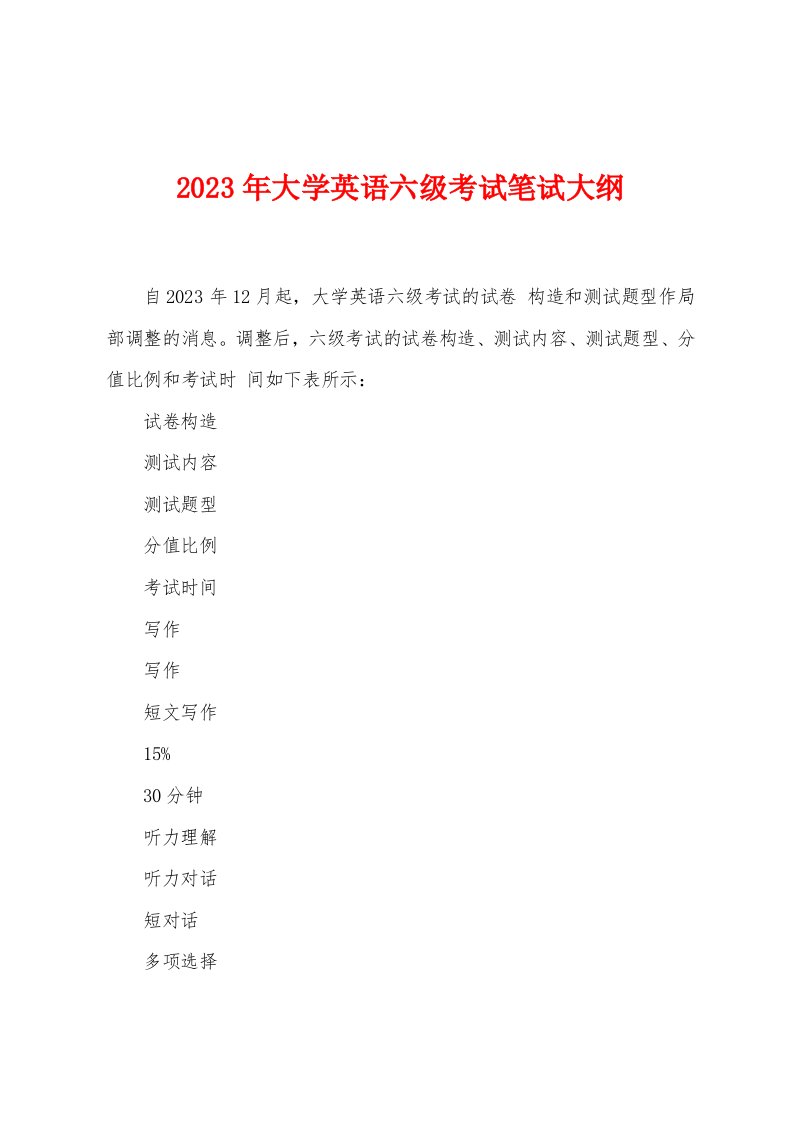 2023年大学英语六级考试笔试大纲