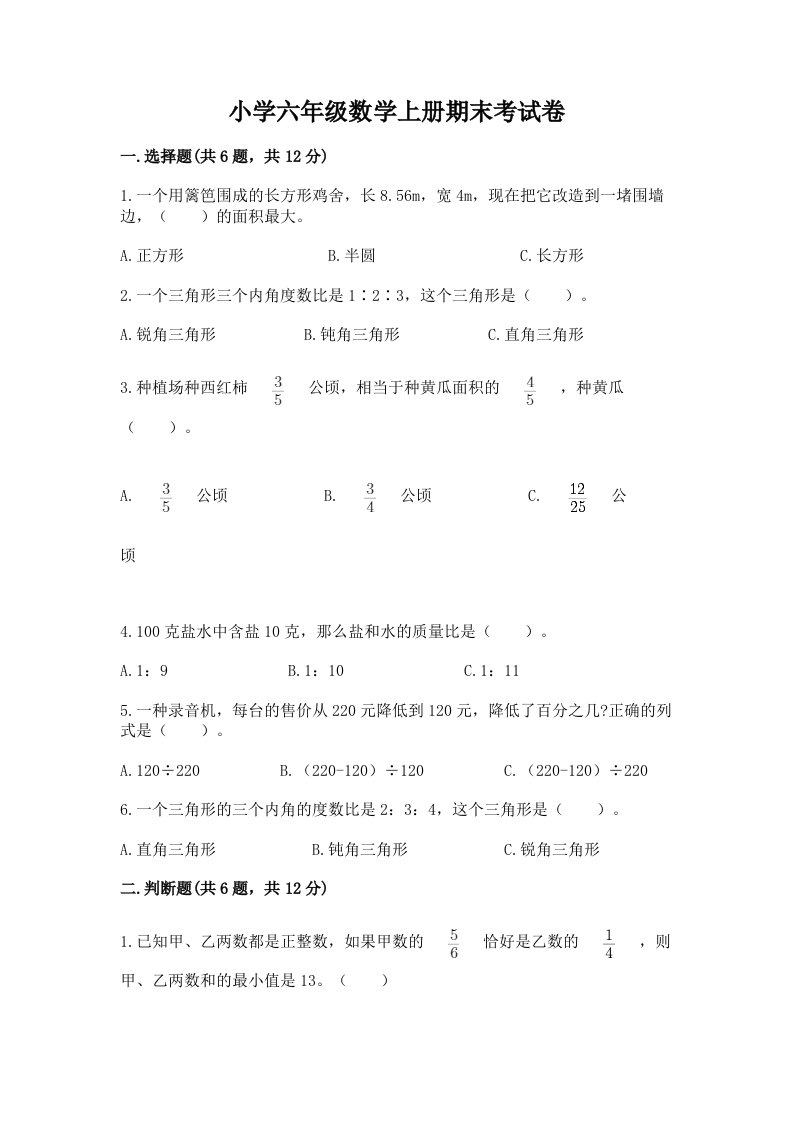 小学六年级数学上册期末考试卷带答案（轻巧夺冠）