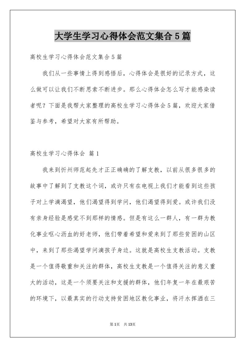 大学生学习心得体会范文集合5篇