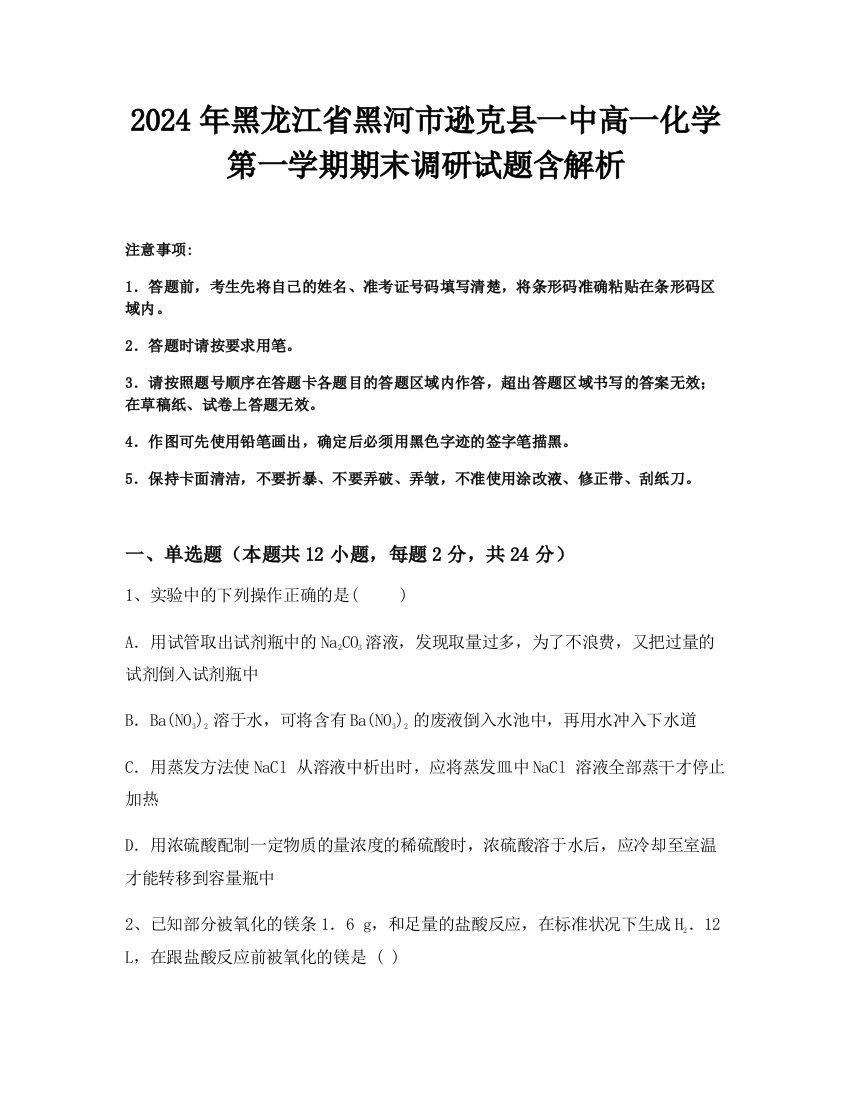 2024年黑龙江省黑河市逊克县一中高一化学第一学期期末调研试题含解析