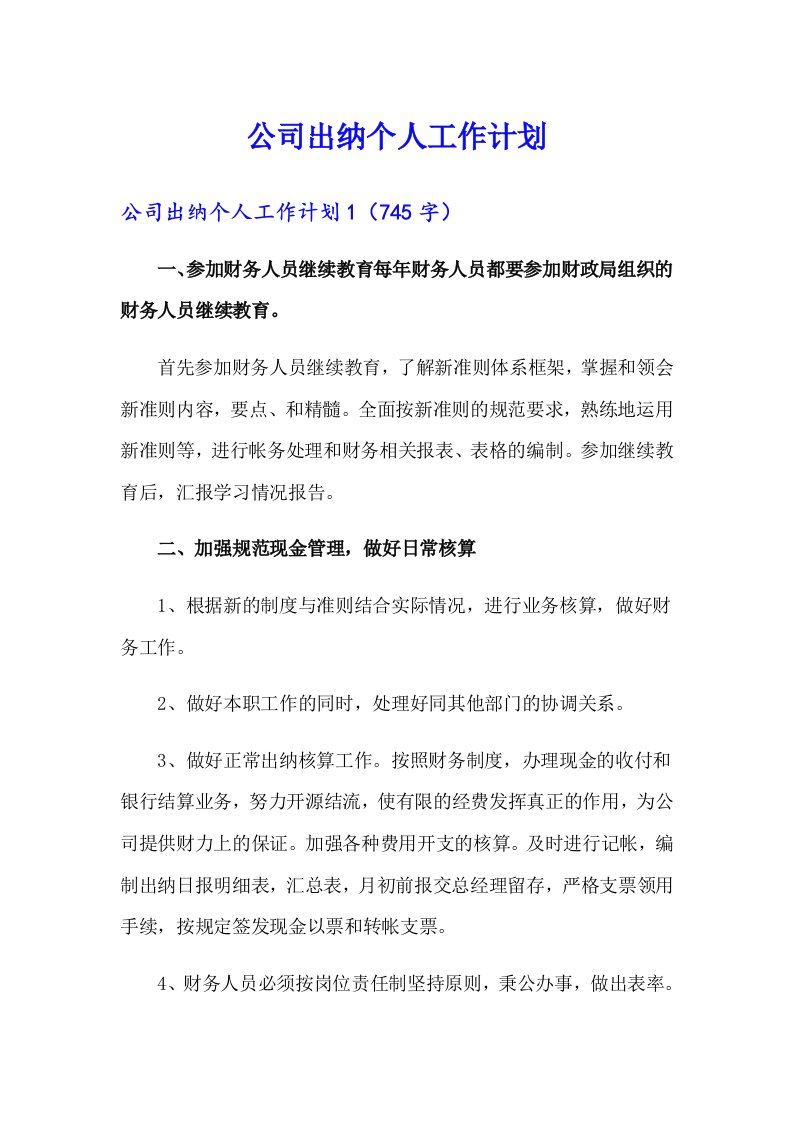 公司出纳个人工作计划