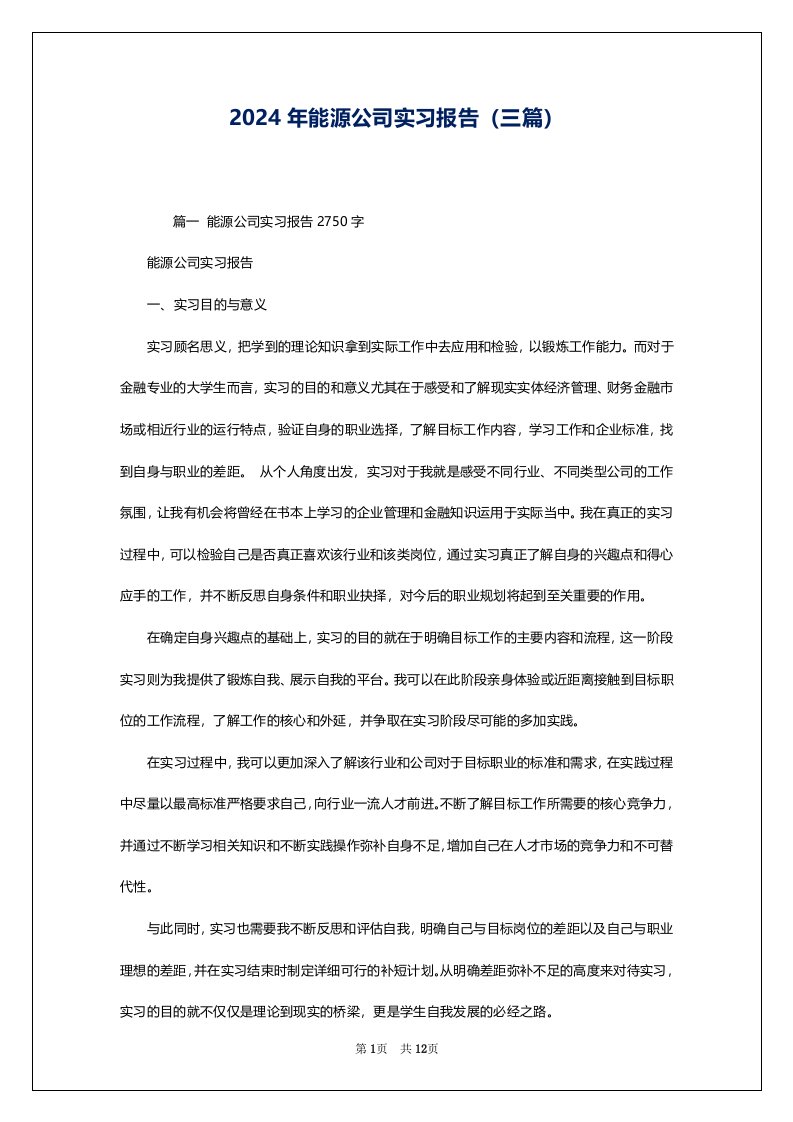 2024年能源公司实习报告（三篇）