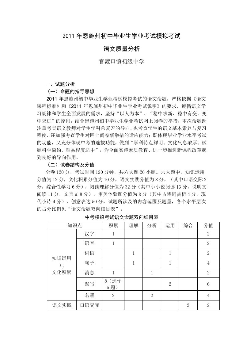 2011年恩施州初中毕业生学业考试模拟考试