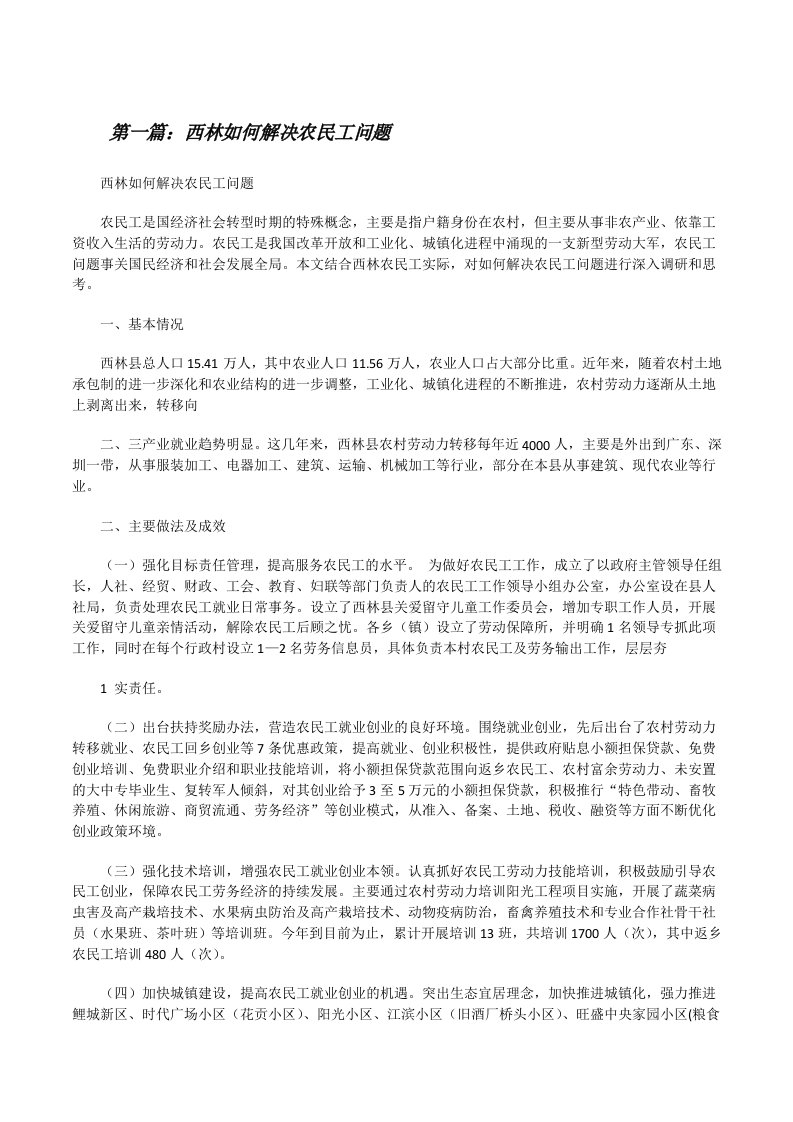 西林如何解决农民工问题五篇[修改版]