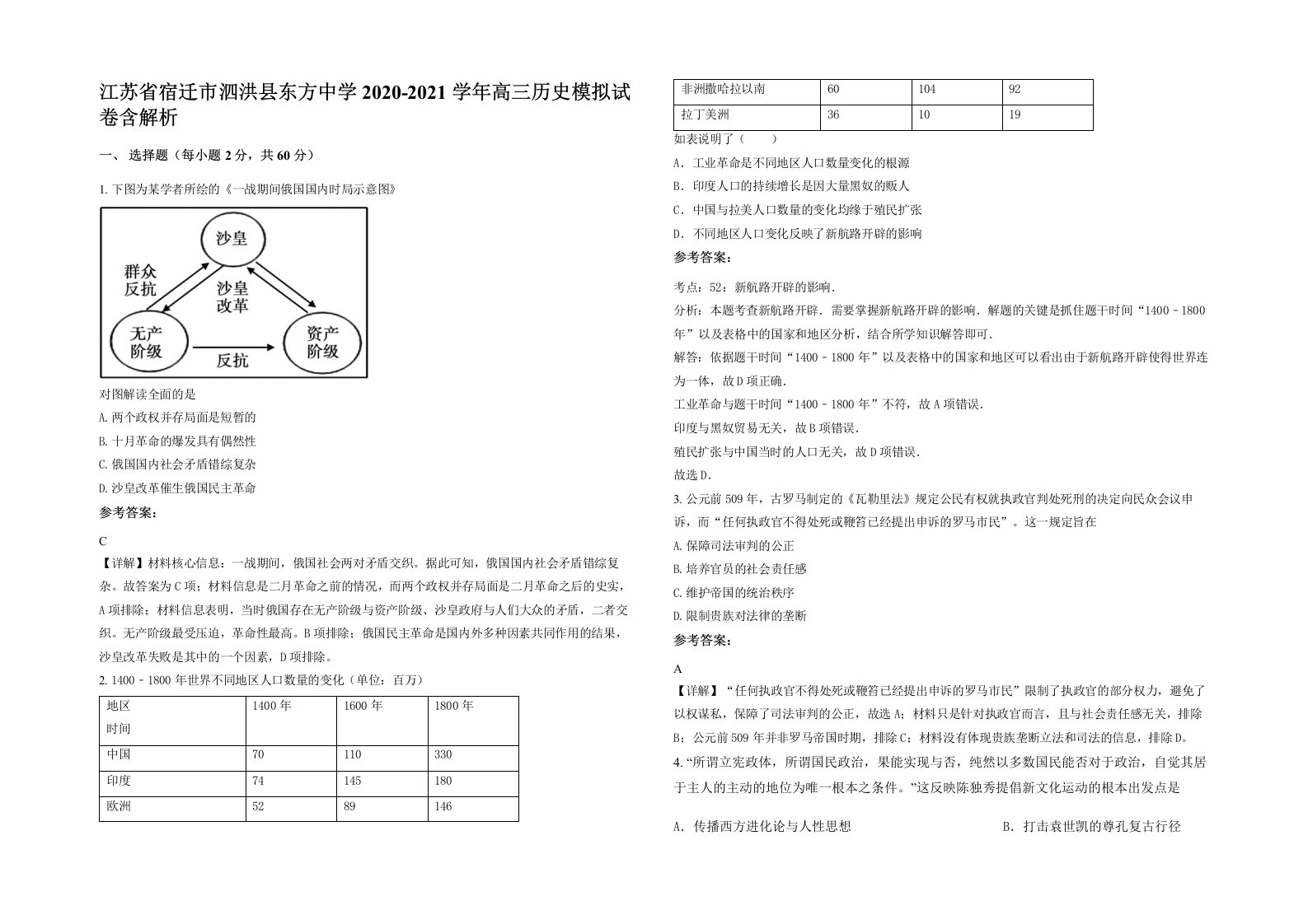 江苏省宿迁市泗洪县东方中学2020-2021学年高三历史模拟试卷含解析