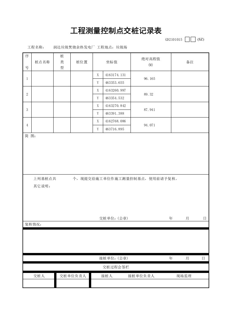 工程测量控制点交桩记录表