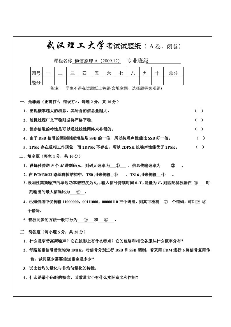 武汉理工大学通信原理期末考试