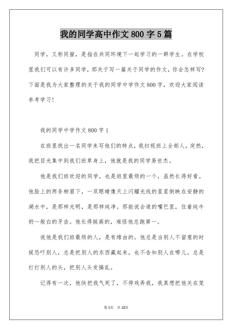 我的同学高中作文800字5篇