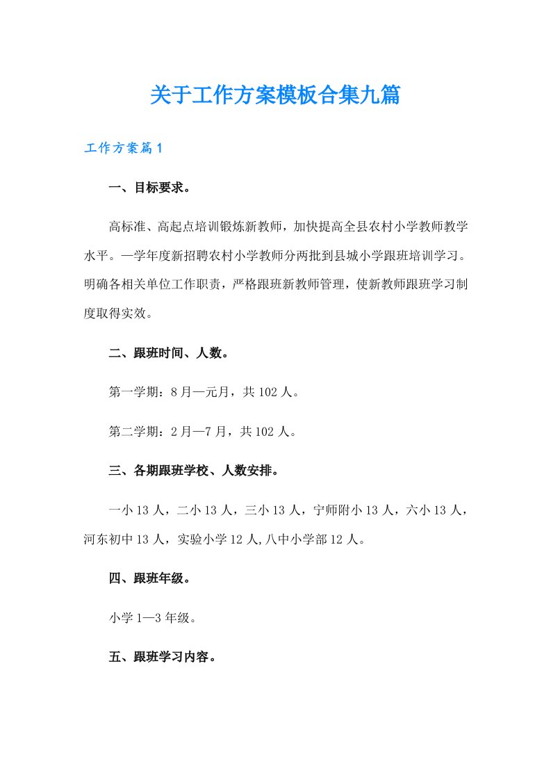 关于工作方案模板合集九篇