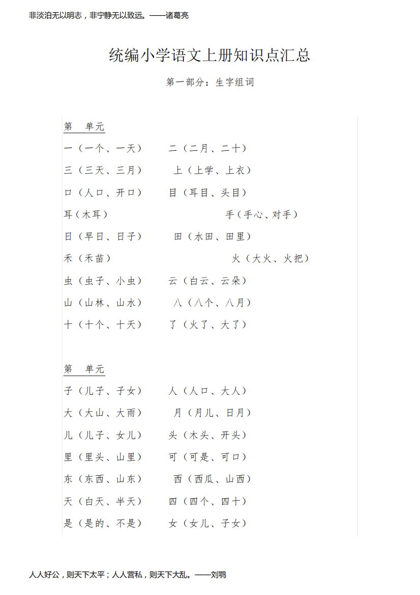 统编小学语文上册知识点汇总