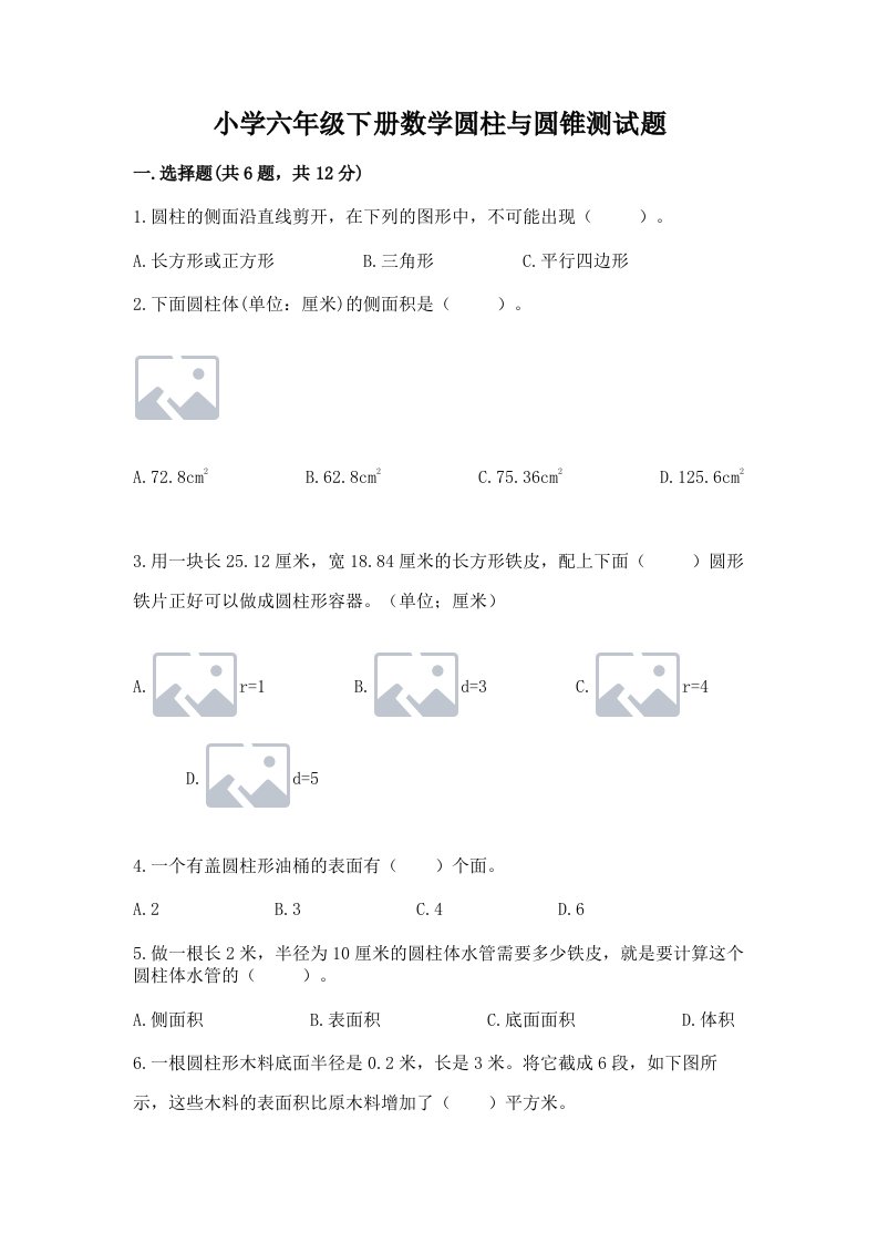 小学六年级下册数学圆柱与圆锥测试题精华版