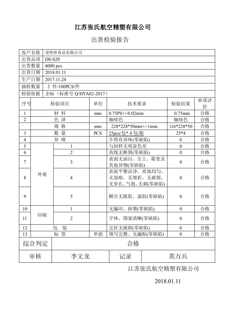 DS-S20吸塑出货检验报告