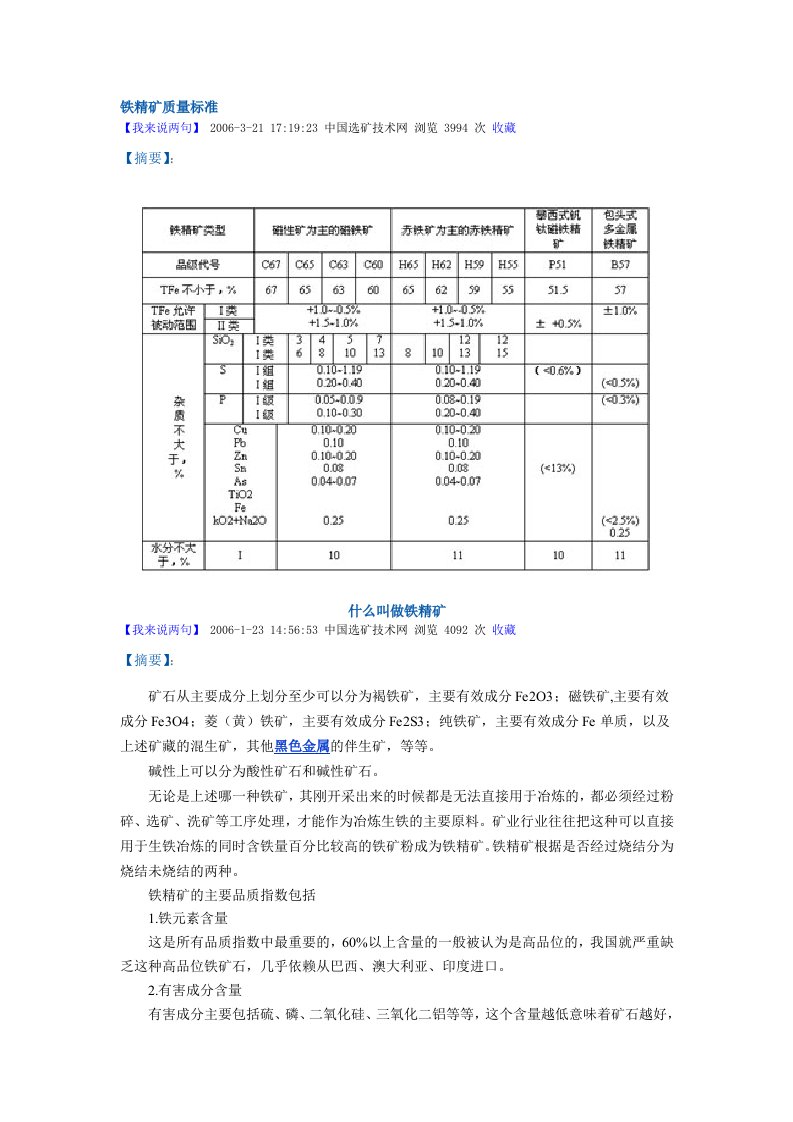 铁精矿质量标准