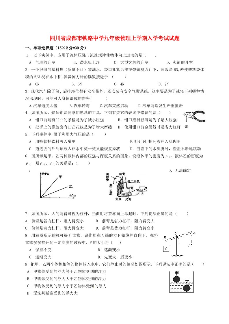 四川省成都市铁路中学九级物理上学期入学考试试题