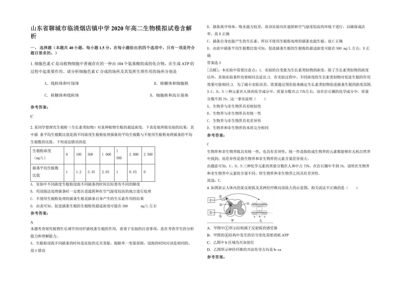 山东省聊城市临清烟店镇中学2020年高二生物模拟试卷含解析