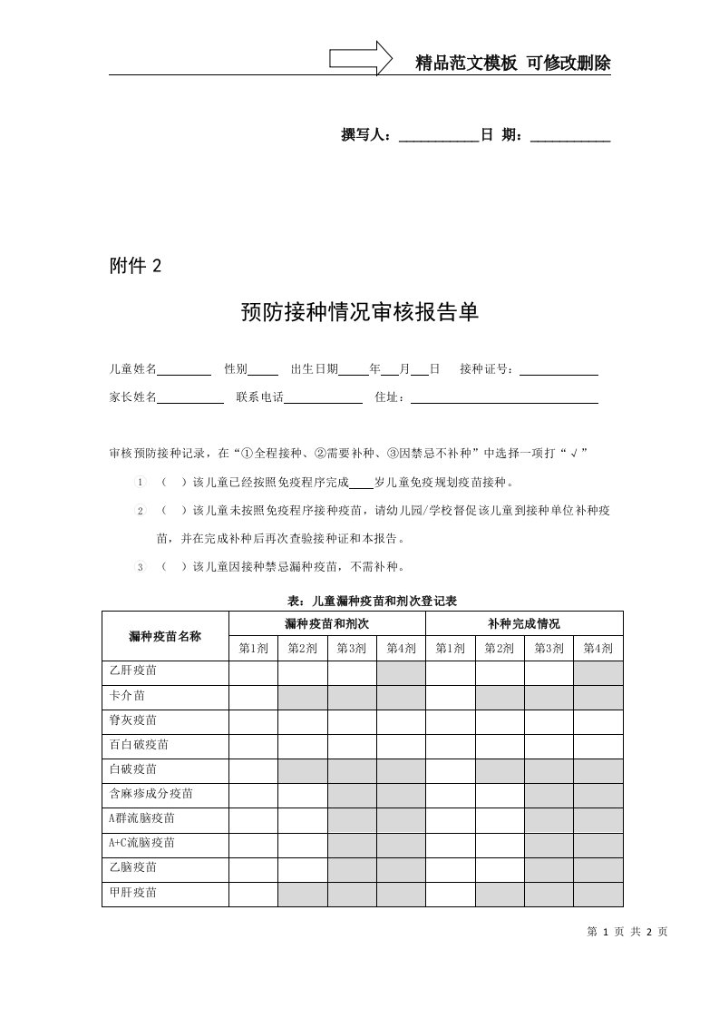 预防接种情况审核报告单