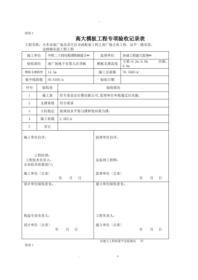 高大模板工程专项验收记录表