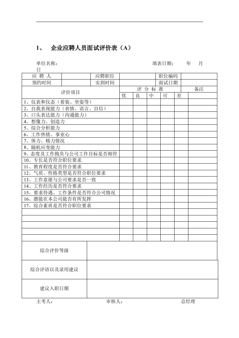 【管理精品】企业应聘人员面试评价表