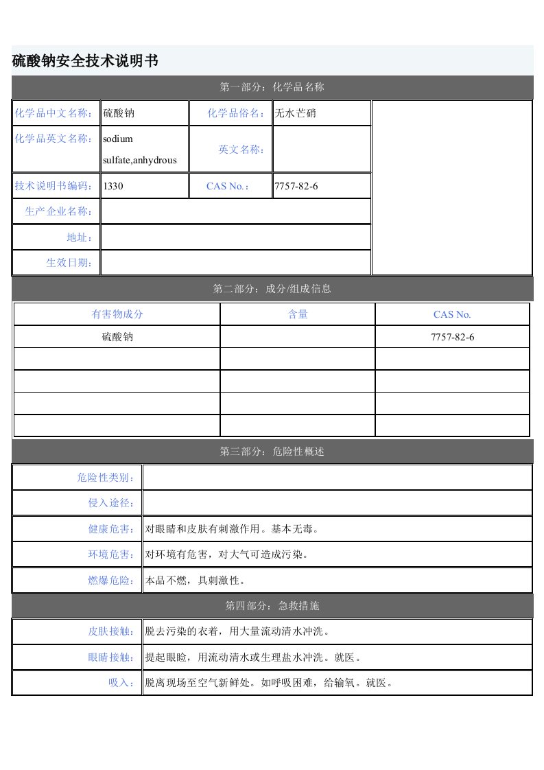 硫酸钠MSDS