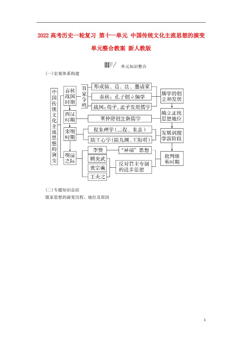 2022高考历史一轮复习第十一单元中国传统文化主流思想的演变单元整合教案新人教版