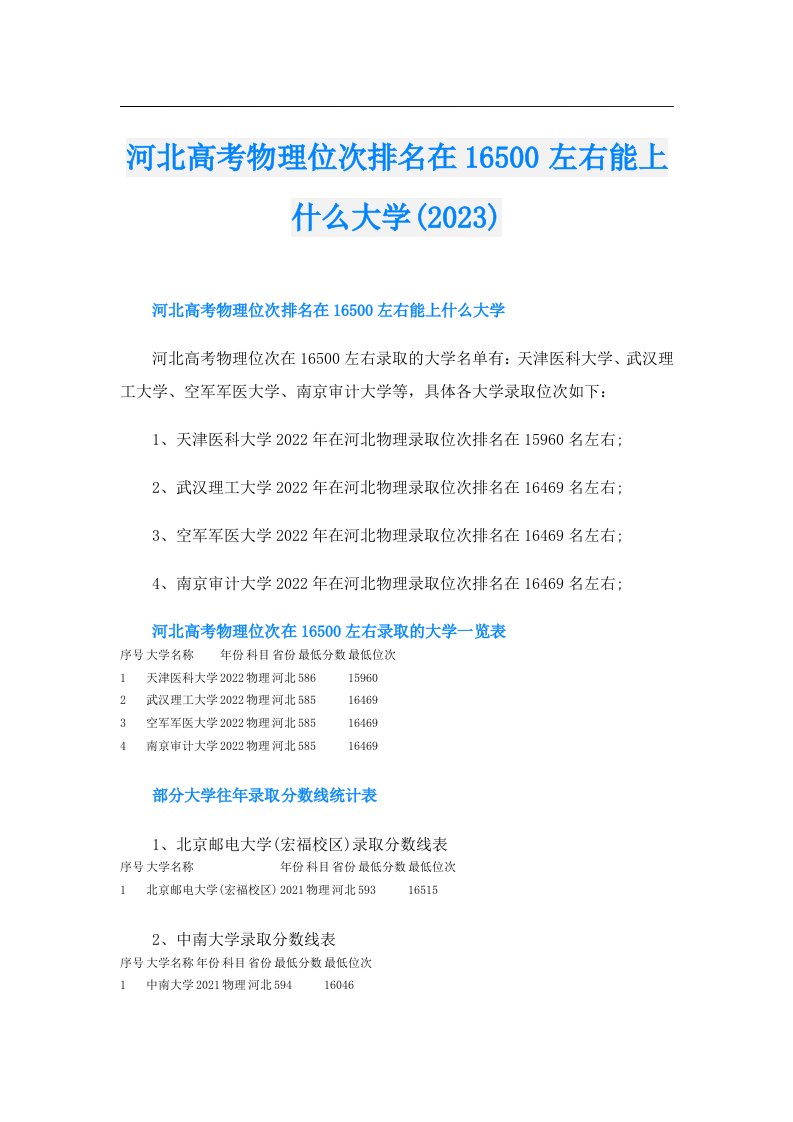 河北高考物理位次排名在16500左右能上什么大学()