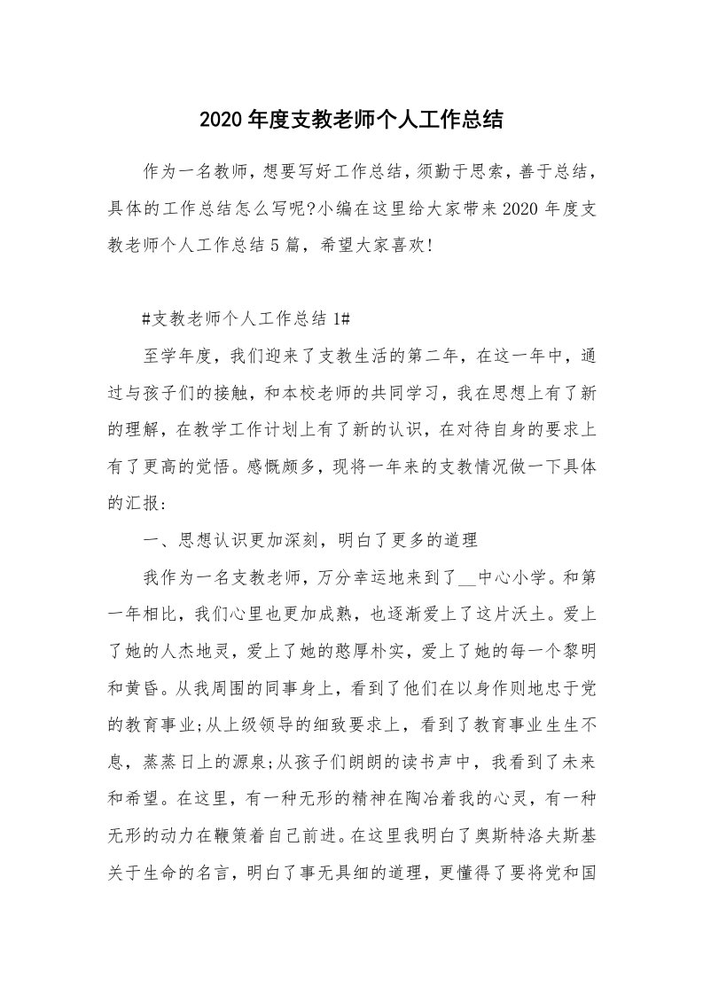 工作总结_2020年度支教老师个人工作总结