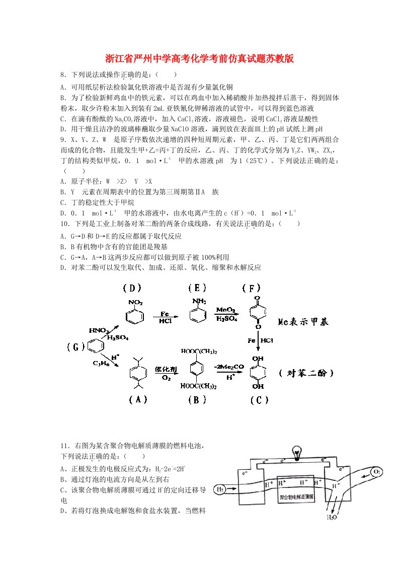 浙江省严州中学高考化学考前仿真试题苏教版