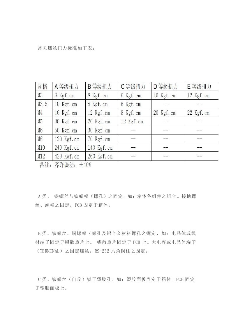 常见螺丝扭力标准表