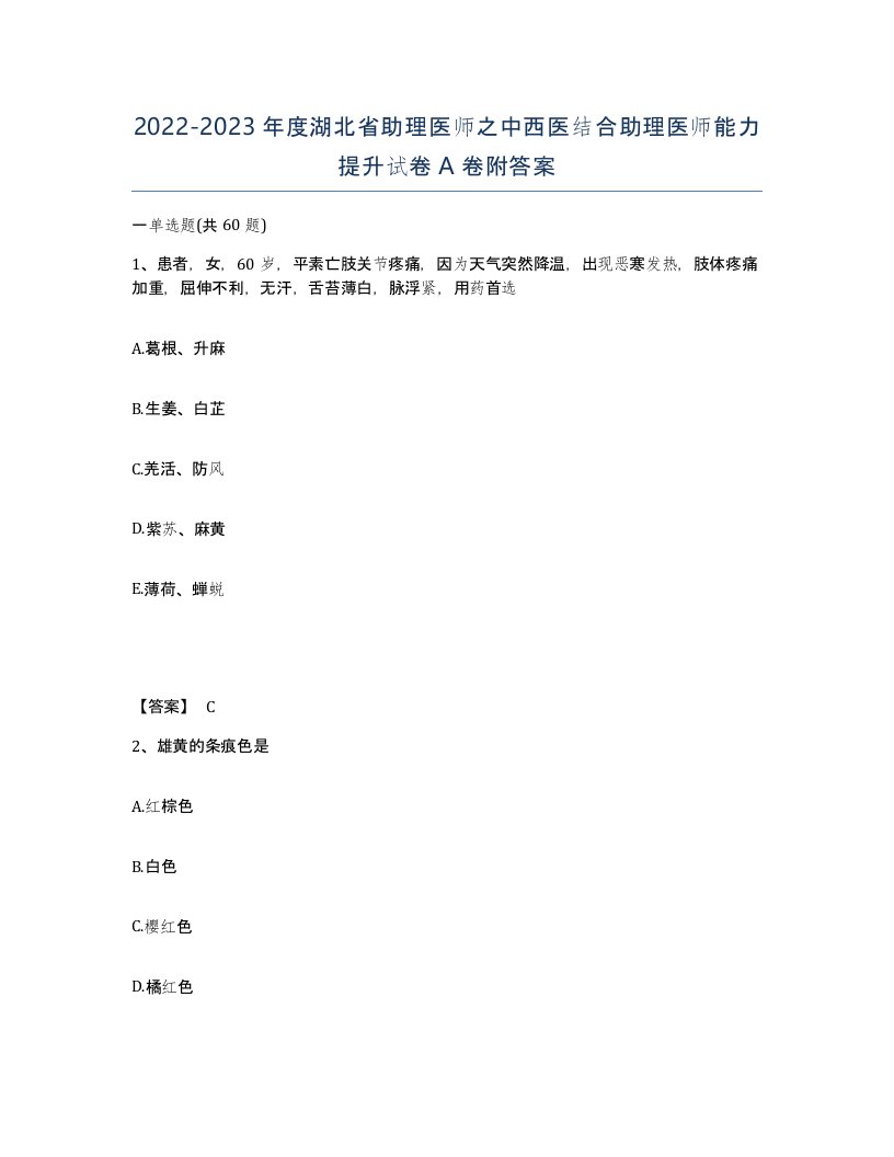 2022-2023年度湖北省助理医师之中西医结合助理医师能力提升试卷A卷附答案