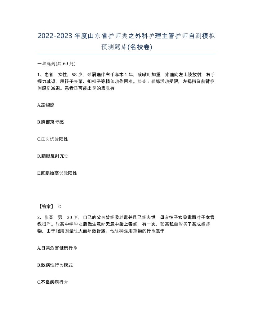 2022-2023年度山东省护师类之外科护理主管护师自测模拟预测题库名校卷