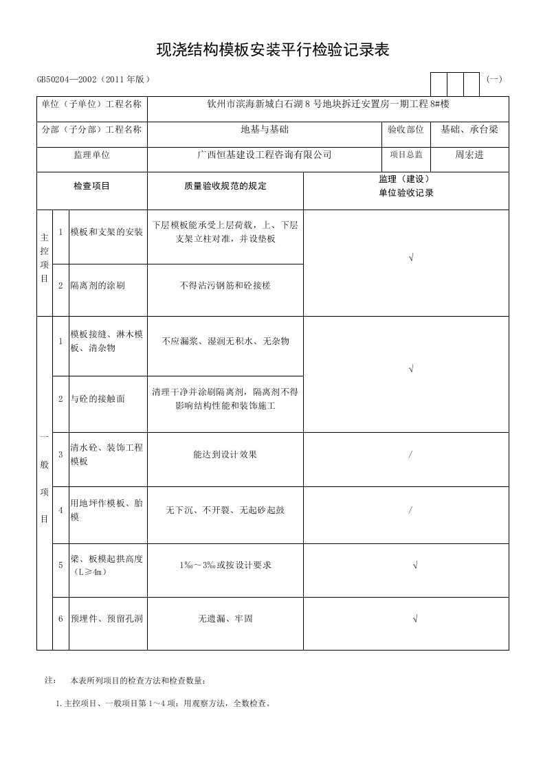 现浇结构模板安装平行检验记录表